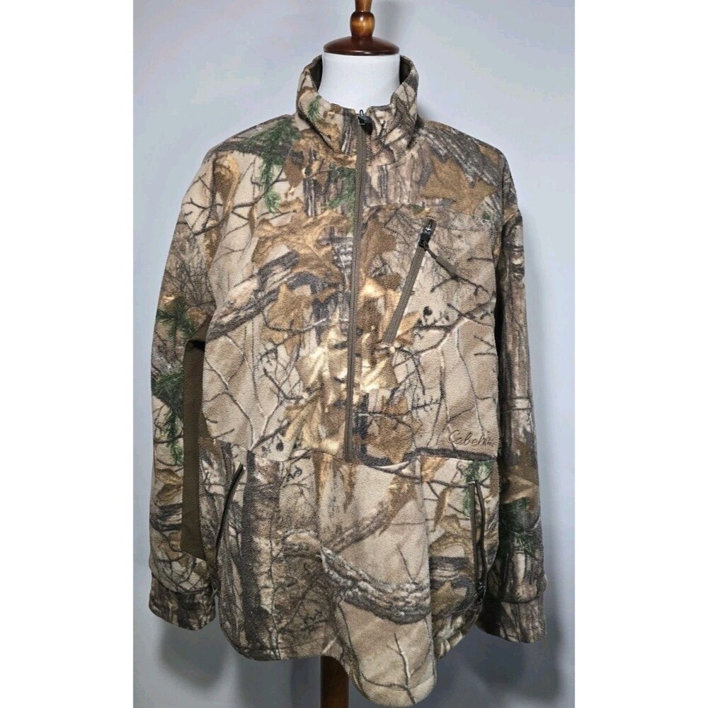 Cabelas Camouflage Hunting Fleece Half Zipper With Pouch Pocket Size L Natural